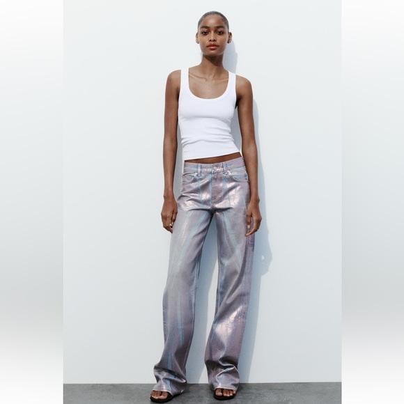 ZARA NEW MID-RISE FULL-LENGTH TRF JEANS FOIL FINISH PANT PINK 6045/036/334/010 - Picture 6 of 7